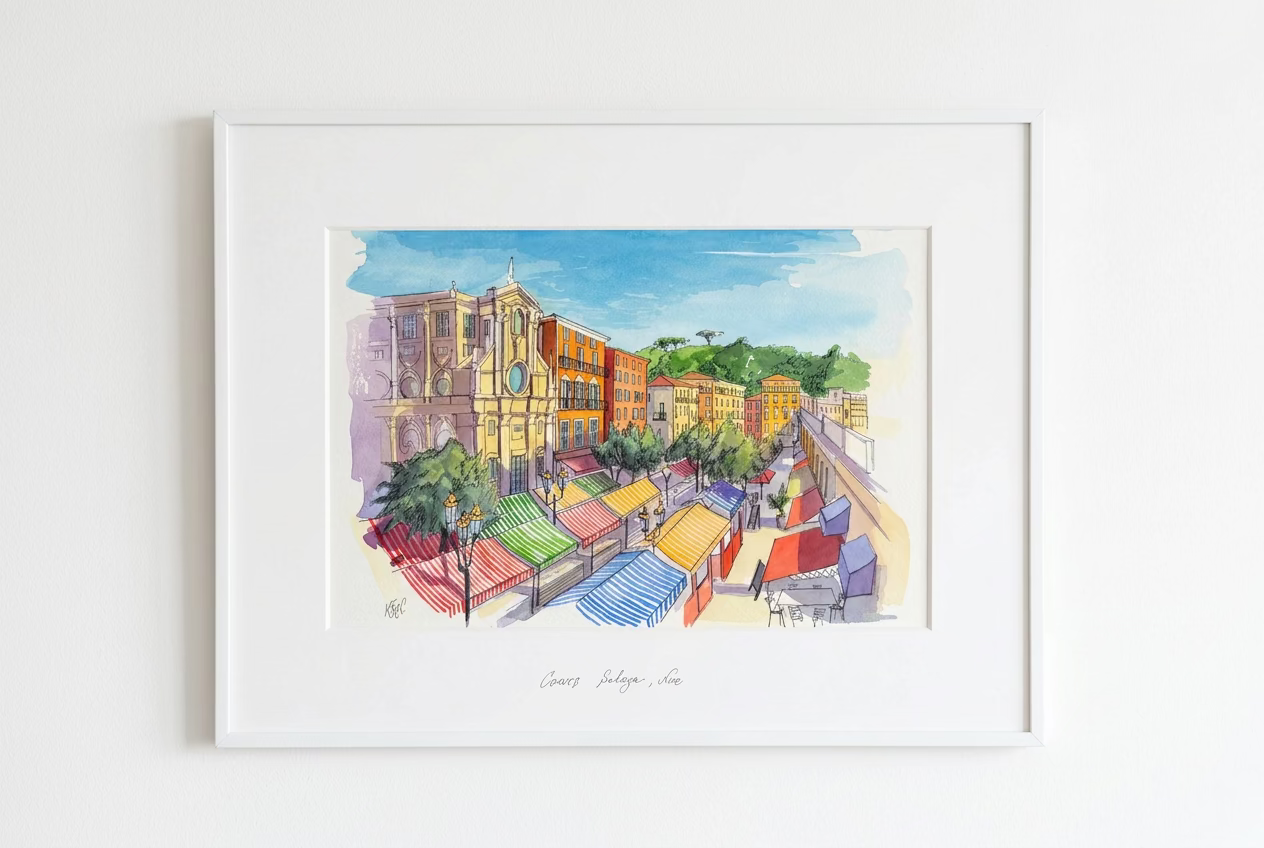 „Cours Saleya“ (20 × 30 cm) — Mischtechnik
